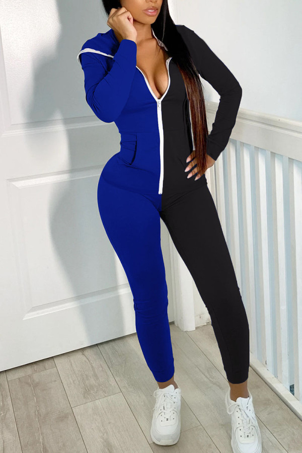 Blue Black Casual Solid Patchwork Contrast Zipper Hooded Collar Skinny Jumpsuits