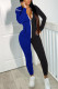 Blue Black Casual Solid Patchwork Contrast Zipper Hooded Collar Skinny Jumpsuits