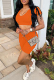 Orange Sexy Solid Patchwork V Neck Short Sleeve Two Pieces