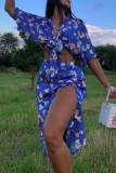 Deep Blue Sexy Print Patchwork V Neck Half Sleeve Two Pieces