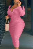 Pink Sexy Solid Split Joint V Neck Pencil Skirt Plus Size Dresses