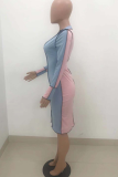 Light Blue Casual Patchwork Turndown Collar Irregular Dress Dresses