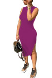 purple Fashion adult Ma'am OL Black Pink purple Tank Sleeveless O neck Step Skirt Mid-Calf Solid Dresses