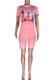 Pink Fashion Celebrities Print Two Piece Suits pencil Short Sleeve Two Pieces