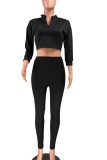 Green Casual Solid Patchwork Zipper Collar Three Quarter Two Pieces
