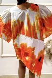 Orange Casual Print Patchwork O Neck Irregular Dress Dresses