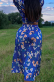 Deep Blue Sexy Print Patchwork V Neck Half Sleeve Two Pieces