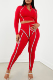 Red Casual Striped Split Joint O Neck Long Sleeve Two Pieces