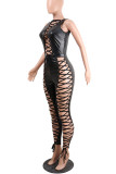 Black Sexy Solid Bandage Hollowed Out Split Joint Frenulum Skinny Jumpsuits