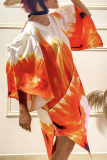 Orange Casual Print Patchwork O Neck Irregular Dress Dresses