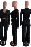 Black Casual Solid Split Joint V Neck Long Sleeve Two Pieces