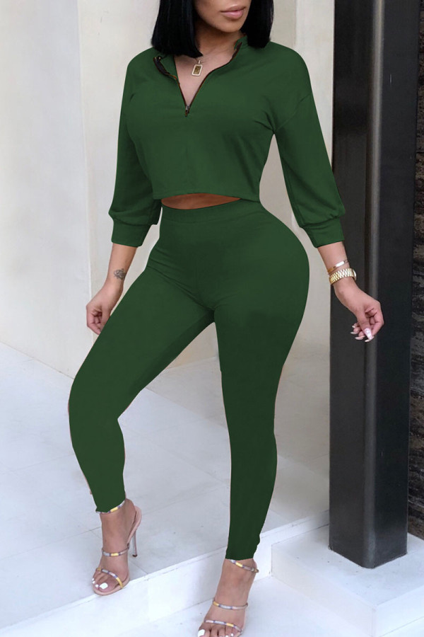 Green Casual Solid Patchwork Zipper Collar Three Quarter Two Pieces