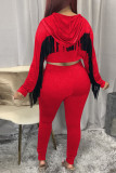 Red Casual Solid Tassel Split Joint Hooded Collar Long Sleeve Two Pieces