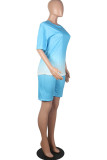 Blue Fashion Casual Gradient Short Sleeve Two Pieces