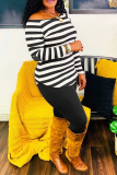 Green Casual Striped Split Joint Off the Shoulder Long Sleeve Two Pieces