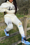 Cream White Casual Print Patchwork Hooded Collar Long Sleeve Two Pieces