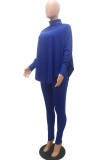 Blue Fashion Casual Adult Solid Split Joint Turtleneck Batwing Sleeve Two Pieces