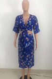 Deep Blue Sexy Print Patchwork V Neck Half Sleeve Two Pieces
