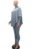 Grey Fashion Casual Adult Solid Split Joint Turtleneck Batwing Sleeve Two Pieces