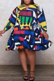 Multi-color Casual Print Split Joint Flounce V Neck Long Sleeve Plus Size Dresses