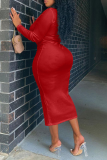 Red Sexy Solid Split Joint V Neck Pencil Skirt Plus Size Dresses