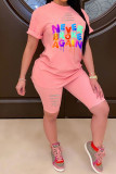 Pink Fashion Celebrities Print Two Piece Suits pencil Short Sleeve Two Pieces