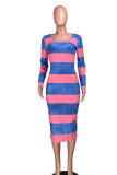Pink Casual Striped Print Patchwork U Neck Pencil Skirt Dresses