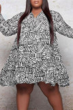 Brown Casual Print Split Joint Flounce V Neck Long Sleeve Plus Size Dresses