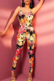 Red Black Sexy Print Patchwork Spaghetti Strap Skinny Jumpsuits