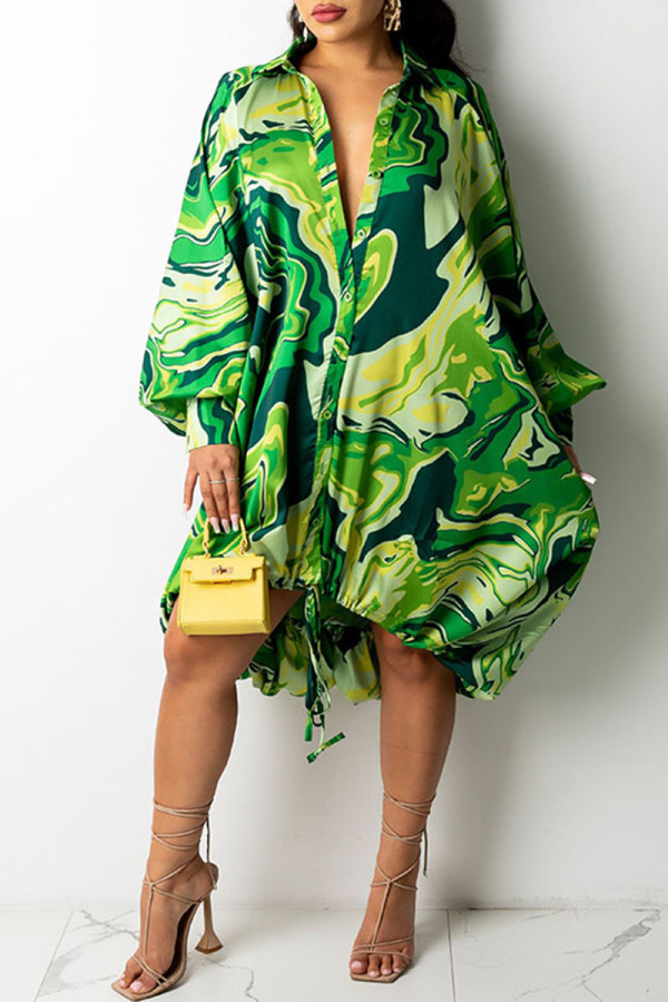 Green Sexy Print Draw String Asymmetrical Turndown Collar A Line Dresses