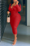 Red Sexy Solid Split Joint V Neck Pencil Skirt Plus Size Dresses