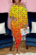 Yellow Red Fashion Casual Gradual Change Print Asymmetrical O Neck Half Sleeve Two Pieces