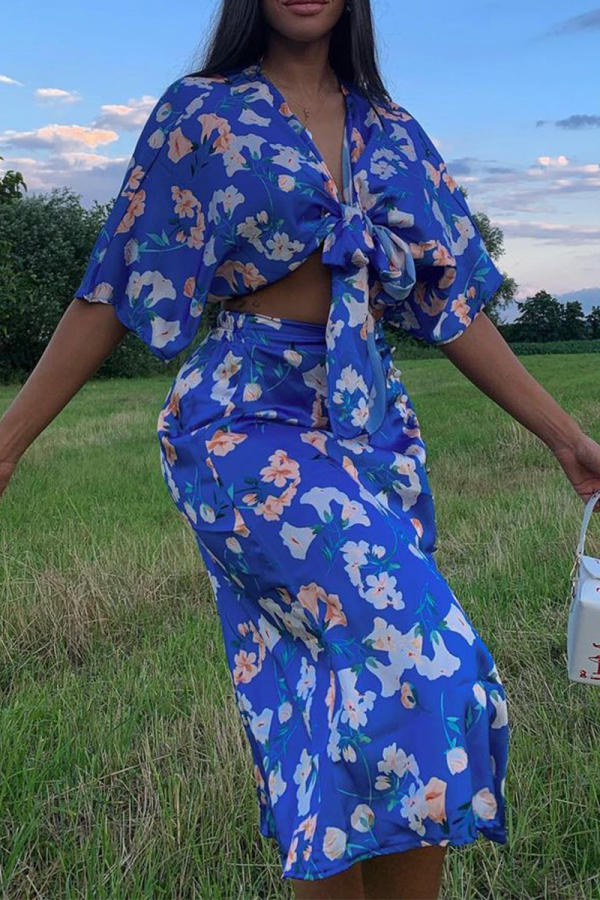 Deep Blue Sexy Print Patchwork V Neck Half Sleeve Two Pieces