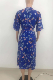 Deep Blue Sexy Print Patchwork V Neck Half Sleeve Two Pieces