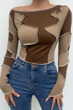 Brown Sexy Solid Patchwork One Shoulder Tops