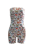 White Sexy Butterfly Print Patchwork Strapless Skinny Rompers