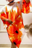 Orange Casual Print Patchwork O Neck Irregular Dress Dresses