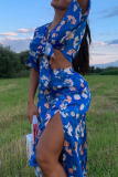 Deep Blue Sexy Print Patchwork V Neck Half Sleeve Two Pieces