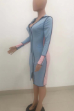 Light Blue Casual Patchwork Turndown Collar Irregular Dress Dresses