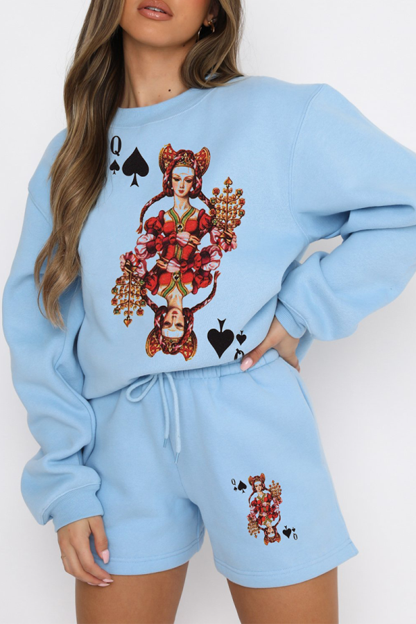 Blue Casual Print Patchwork O Neck Long Sleeve Two Pieces