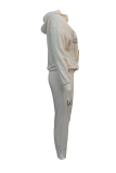 Cream White Casual Print Patchwork Hooded Collar Long Sleeve Two Pieces