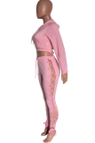 Pink Sexy Solid Patchwork Hooded Collar Long Sleeve Two Pieces