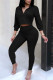 Black Casual Solid Patchwork Zipper Collar Three Quarter Two Pieces