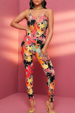 Red Black Sexy Print Patchwork Spaghetti Strap Skinny Jumpsuits