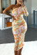 Yellow Elegant Print Patchwork Oblique Collar Pencil Skirt Dresses