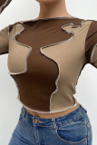 Brown Sexy Solid Patchwork One Shoulder Tops