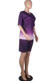 purple Fashion Casual Gradient Short Sleeve Two Pieces