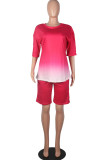 rose red Fashion Casual Gradient Short Sleeve Two Pieces