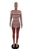 Burgundy Casual Striped Split Joint Off the Shoulder Long Sleeve Two Pieces