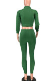 Green Casual Solid Patchwork Zipper Collar Three Quarter Two Pieces